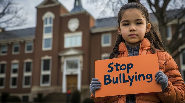 A girl holds a sign reading "Stop Bullying" in front of a school, promoting anti-bullying awareness.