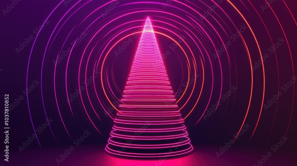 Aufkleber a vibrant pink tree illuminated with concentric glowing lines against a dark background, creating a 