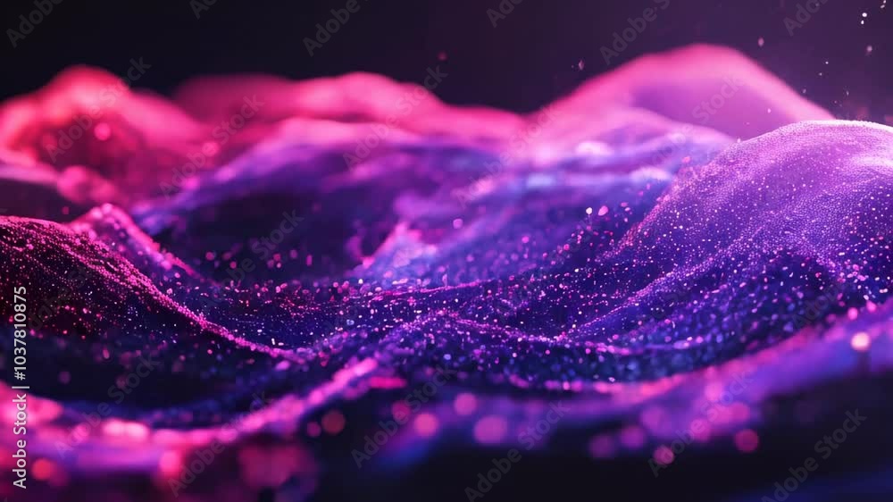 Poster abstract pink and purple digital waves with a glowing particle effect, creating a futuristic and ene