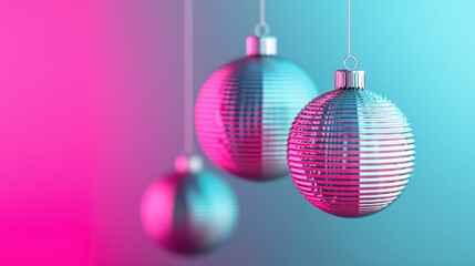 Fototapeta premium Colorful hanging ornaments in shades of pink and blue, creating a festive atmosphere with a modern aesthetic.