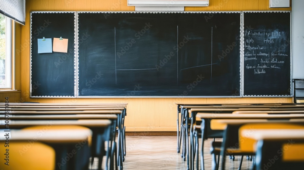 Poster empty classroom with chalkboard and desks