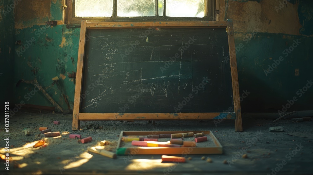 Poster Old Chalkboard in Abandoned Classroom Setting