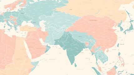 Obraz premium A contemporary map of Asia in pastel colors, with country boundaries and capitals subtly marked