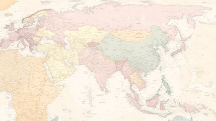 A contemporary map of Asia in pastel colors, with country boundaries and capitals subtly marked