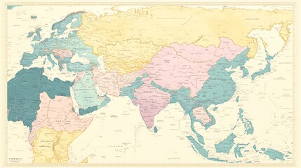 A contemporary map of Asia in pastel colors, with country boundaries and capitals subtly marked