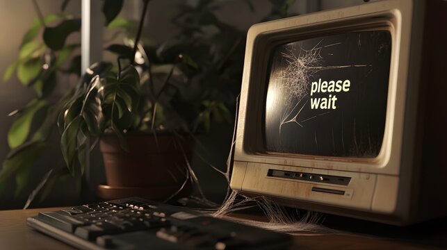 old computer on desk with cobwebs and "please wait" on screen.
