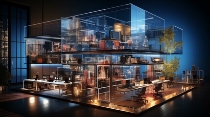 A model of a building with a glass facade and a tree in the middle