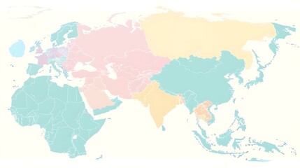 A minimalist map of Asia with clean lines and pastel colors, highlighting major countries and borders