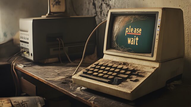 old computer on desk with cobwebs and "please wait" on screen.
