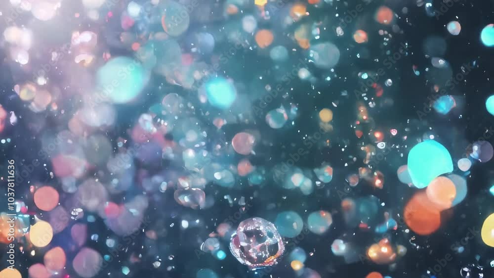 Poster a dreamy scene of floating water droplets against a backdrop of colorful bokeh lights, creating a vi