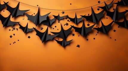 A black and orange banner with bats and stars
