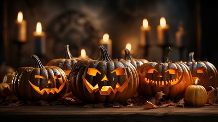 A group of pumpkins with their eyes lit up, arranged on a table