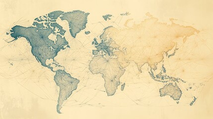 A minimalist world map with Asia and Europe in focus, using thin lines and muted colors for a clean, contemporary look