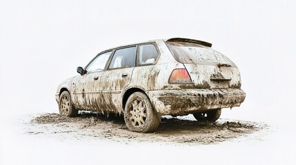 Dirty car covered in dust and mud isolated on a white background, highlighting the vehicle&rsquo;s unclean state and rugged use. A striking contrast between the car&rsquo;s dirt-covered exterior 