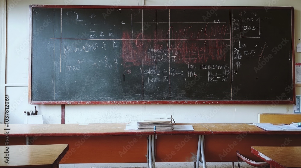 Aufkleber empty classroom with chalkboard and desk setup