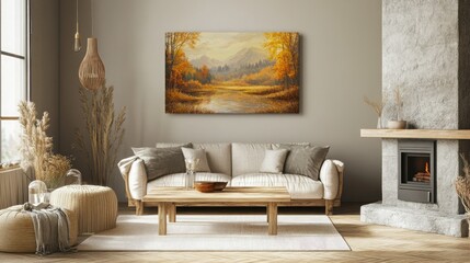 Rustic sofa with fur pillow and blanket near fireplace against turquoise wall with poster. Farmhouse home interior design