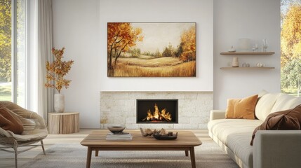 Rustic sofa with fur pillow and blanket near fireplace against turquoise wall with poster. Farmhouse home interior design