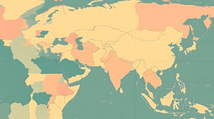 Obraz premium A contemporary map of Asia with a flat design, using soft colors to define the continentâ€™s borders and major cities