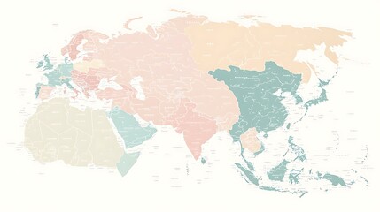 A minimal map of Asia with soft pastel colors and simple country borders, highlighting the continentâ€™s clean design