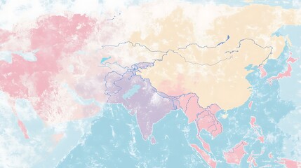 Obraz premium A minimal map of Asia with soft pastel colors and simple country borders, highlighting the continentâ€™s clean design