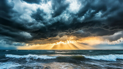 Dramatic sun rays breaking through dark storm clouds over ocean create stunning contrast against turbulent waves.
