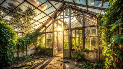 Sunlight streams through the weathered glass panes of an abandoned greenhouse, casting a luminous glow on the overgrown foliage within.