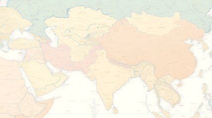 A sleek map of Asia with minimal borders and soft pastel colors, emphasizing major countries with clean lines