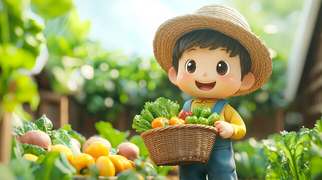 cheerful 3D farmer in overalls holds basket of fresh vegetables, surrounded by vibrant garden. scene radiates joy and love for nature