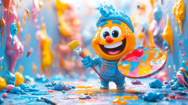 cheerful 3D character with round, orange face and blue overalls holds colorful palette and paintbrush in vibrant, splattered environment. scene is filled with bright, playful colors, evoking sense of