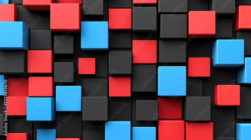 Poster a colorful arrangement of 3d cubes in red, blue, and black, creating a visually dynamic pattern.