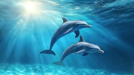 Fototapeta premium Dolphins utilizing echolocation by emitting blue sound waves underwater to locate food, showcasing their natural hunting skills and advanced sonar abilities. A stunning representation of marine life, 