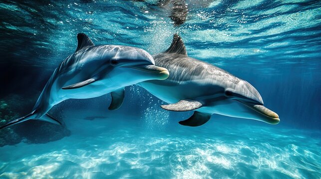 Dolphins utilizing echolocation by emitting blue sound waves underwater to locate food, showcasing their natural hunting skills and advanced sonar abilities. A stunning representation of marine life, 