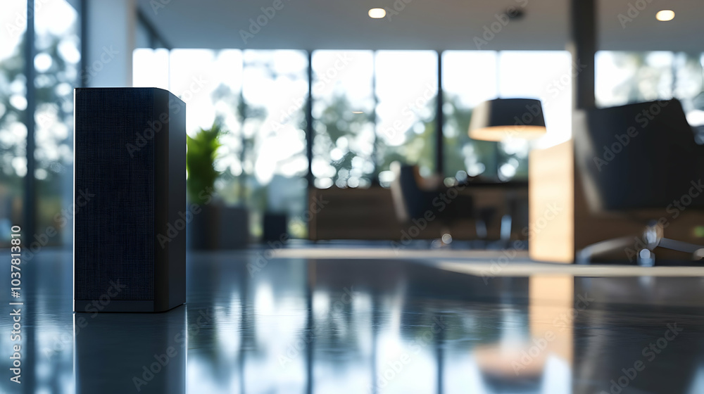 Poster modern speaker in a stylish lounge with natural light streaming through large windows, creating a se