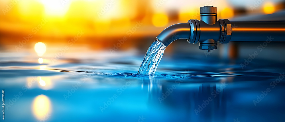 Poster close-up of water flowing from a faucet into a shimmering pool under golden sunlight, creating a tra