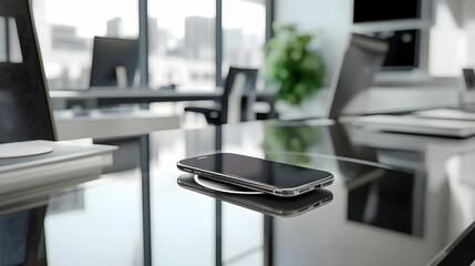 Modern office setting with a smartphone on glass table, reflecting a sleek and professional work environment.