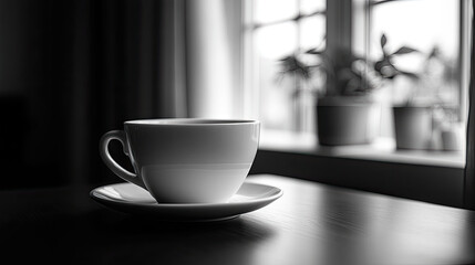 Fototapeta premium A coffee cup on the table in front of the windowsill, black and white image