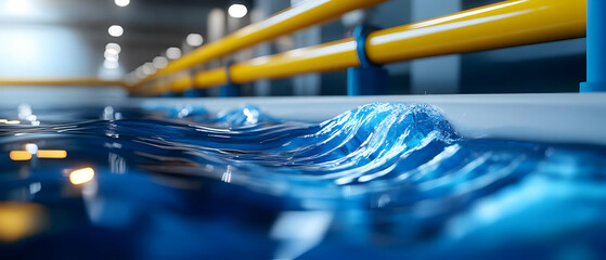 Vibrant blue waves ripple gently on the surface of water, reflecting the ambient light of a modern setting.