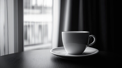 Obraz premium A coffee cup on the table in front of the windowsill, black and white image