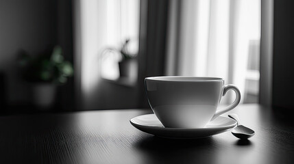 A coffee cup on the table in front of the windowsill, black and white image
