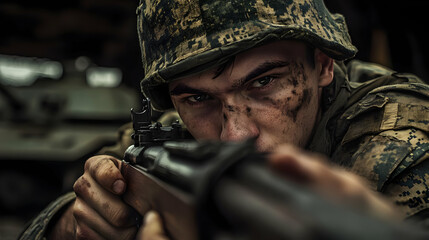 Fototapeta premium A soldier aiming with a rifle, showcasing determination amidst a rugged environment.