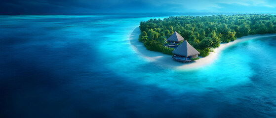 Aerial view of a tropical island surrounded by clear blue waters, featuring lush greenery and secluded beachfront villas.