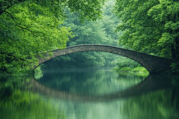 Serene stone bridge over tranquil forest river in misty greenery