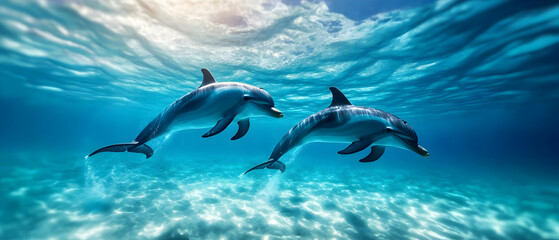 Two dolphins gracefully swimming in clear turquoise water under a bright sky.
