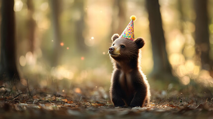 A cute bear wearing a colorful birthday hat surrounded by a serene forest backdrop.
