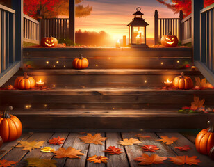 Obraz premium Warm Halloween Background with Pumpkins, Lanterns, and a Rustic Wooden Sign for Text or Designs, Featuring Cozy Autumn Colors