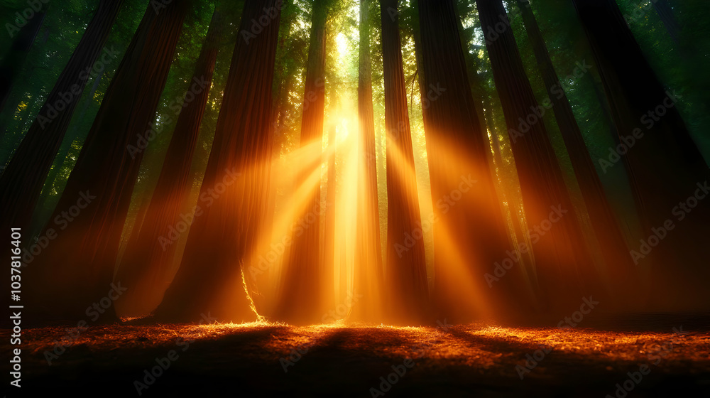 Poster sunlight streaming through tall trees in a serene forest, creating a mystical ambiance with warm hue