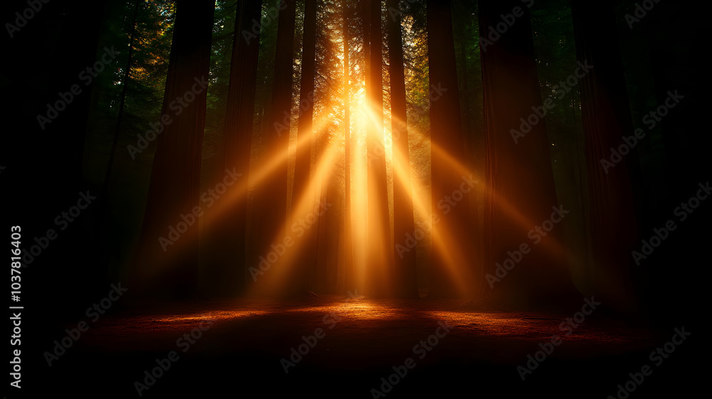 Poster sunlight beams through forest trees, creating a serene and enchanting atmosphere in nature.