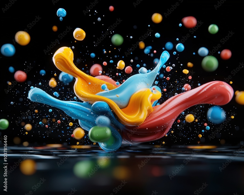 Poster abstract background with random colorful streaks and splashes on a dark canvas