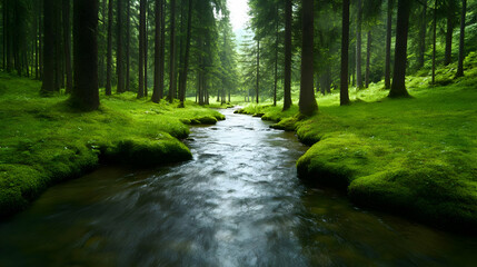 Obraz premium A serene forest scene featuring a gentle stream surrounded by lush greenery and towering trees.