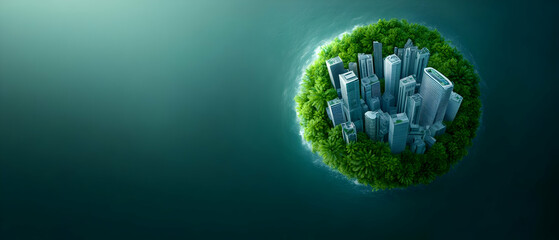 Aerial view of a green island with a modern cityscape surrounded by water, symbolizing sustainable urban living.